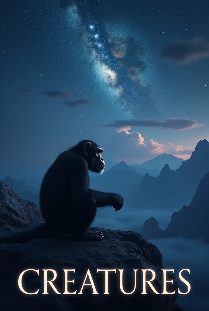 The words "CREATURES" written in large letters at the bottom of the screen, ((masterpiece, highest quality, Highest image quality, High resolution, photorealistic, Raw photo, 8K)), ((Extremely detailed CG unified 8k wallpaper)), In the middle of the night, a chimpanzee sits on a rock at the top of a mountain, looking up at the stars, he gets a new idea about the origin of mankind, view from below,