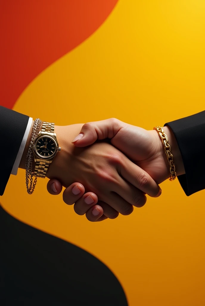 I created a handshake, where on the wrist there are women's bracelets cartier and a Rolex watch on just one arm, symbolizing the closing of a new partnership between two companies, the background must contain orange, yellow and black. more female the hands