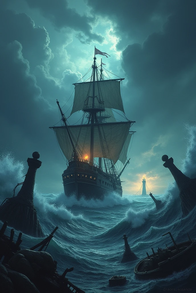 Storm big waves almost sink the ship, there are wrecks of other ships nearby , the ship sails on the waves to the lighthouse, his windows are lit with a yellow light and in the distance a candle shows him the way like a lighthouse