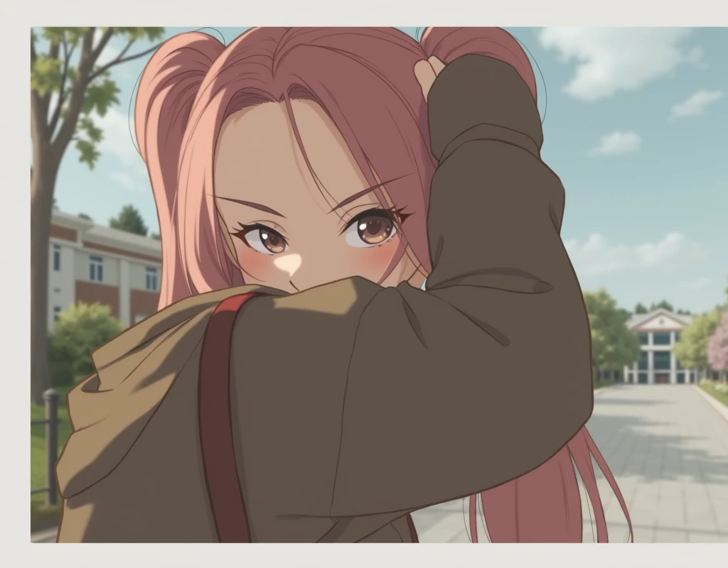 (8K, best quality, masterpiece:1.2),(best quality:1.0), (Ultra-high resolution:1.0),Pink hair double ponytail，Lovely，woman，campus