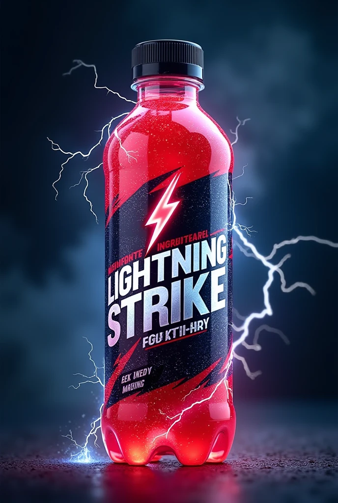 Here's a detailed description of the *Lightning Strike* energy drink bottle:
---
**Product Name**: *Lightning Strike*
**Bottle Design**:
- **Shape**: The bottle is sleek and ergonomic, designed for easy grip. It's similar in shape to the Sting energy drink bottle, with smooth curves and a comfortable hold.
- **Material**: Made from transparent plastic, allowing the vibrant red liquid inside to be clearly visible, creating a striking contrast with the label.
- **Cap**: The bottle has a screw cap, ensuring it can be easily opened and securely closed.
**Design**:
- **Color Scheme**: features a bold design with a dark, electric blue background, accentuated by metallic silver and white highlights.
- **Text**: The name "Lightning Strike" is written in a bold, electrifying font that seems to buzz with energy. The text is large and centered on the label, making it the focal point of the design.
- **Graphics**: Surrounding the text are dynamic lightning bolt graphics that wrap around the bottle, emphasizing the energy and power associated with the drink. The bolts are sharp and bright, adding a sense of motion and excitement to the label.