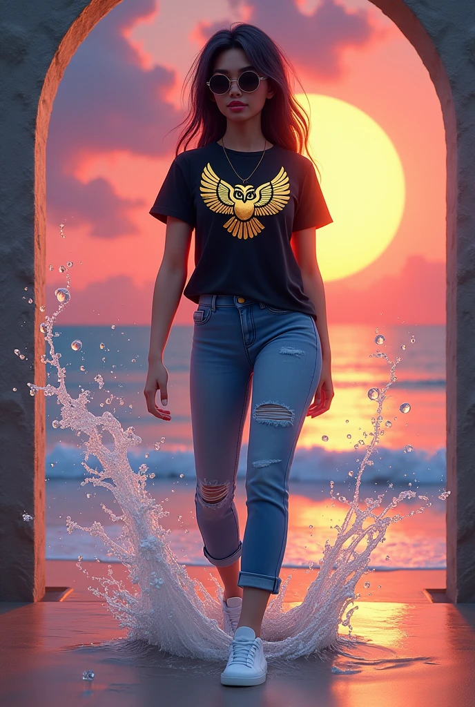 ✨️Create a 3D illustration of a realistic young woman character coming out of social networks Facebook. The character name is Suja AI Art, and wears jeans, Black t-shirt with golden owl appliqué on it, y white sneakers, dark sunglasses, colored water effect. The background is the social media profile page with a username "Dirty AI ART" and his profile picture and the beautiful sunset profile cover on the beach. No