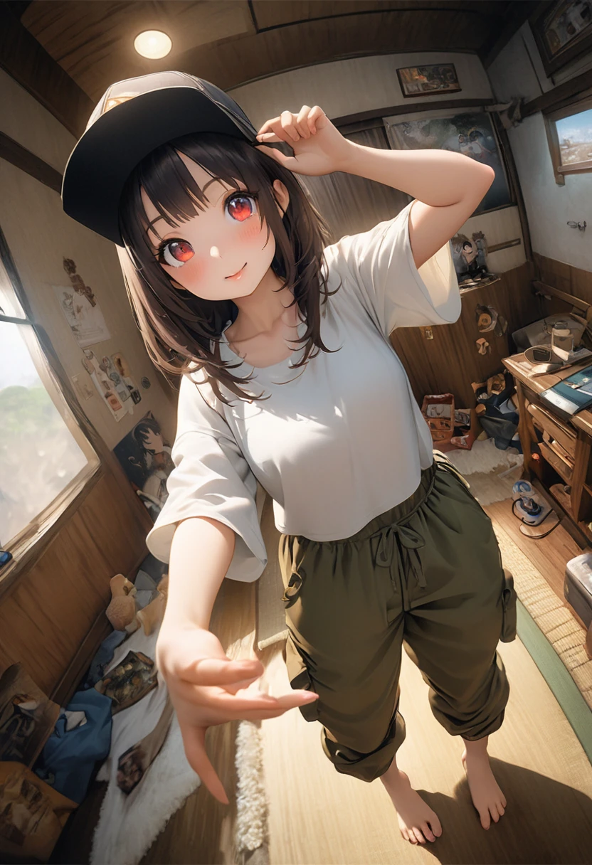 Micro photo。Cute with white bobbed hair and red eyes。Cute in the style of Japanese anime illustrations。She is wearing a large yellow short-sleeved T-shirt。She is wearing sarouel cargo pants。She is barefoot。She is wearing a baseball cap。Realistic background of a single person living in a room。Fisheye Lens。Super high-definition description。Dynamic Perspective。She is posing while touching her hat。