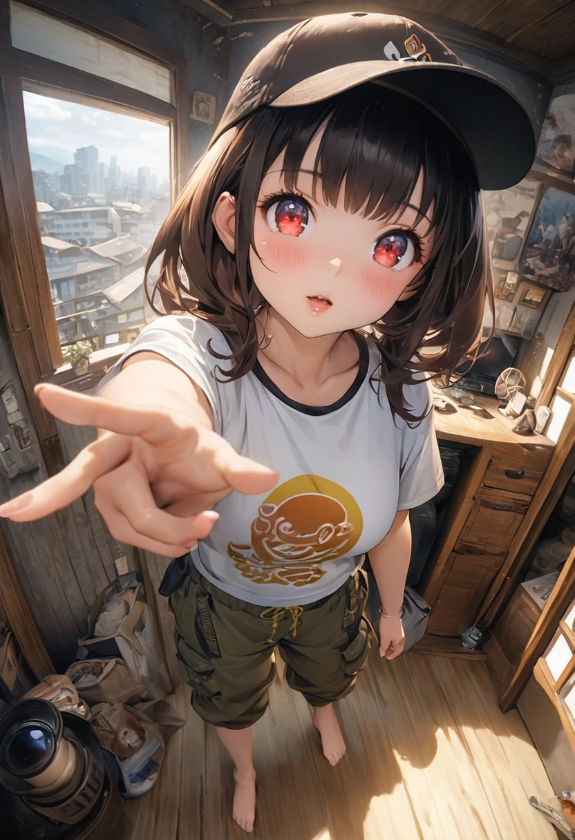 Micro photo。Cute with white bobbed hair and red eyes。Cute in the style of Japanese anime illustrations。She is wearing a large yellow short-sleeved T-shirt。She is wearing sarouel cargo pants。She is barefoot。She is wearing a baseball cap。Realistic background of a single person living in a room。Fisheye Lens。Super high-definition description。Dynamic Perspective。She is posing while touching her hat。
