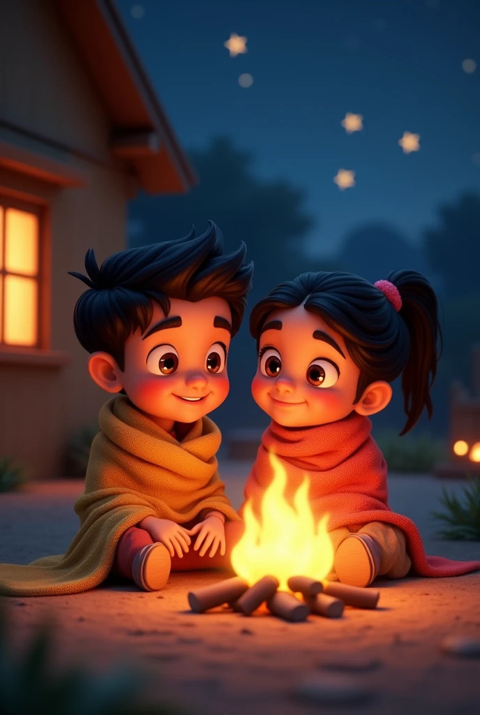 In cenamatic 3d cartoon style "A night scene where Muskan and Aryan are sitting near a bonfire outside a village house, wrapped in blankets, sharing stories. The firelight illuminates their faces, reflecting their growing affection."

