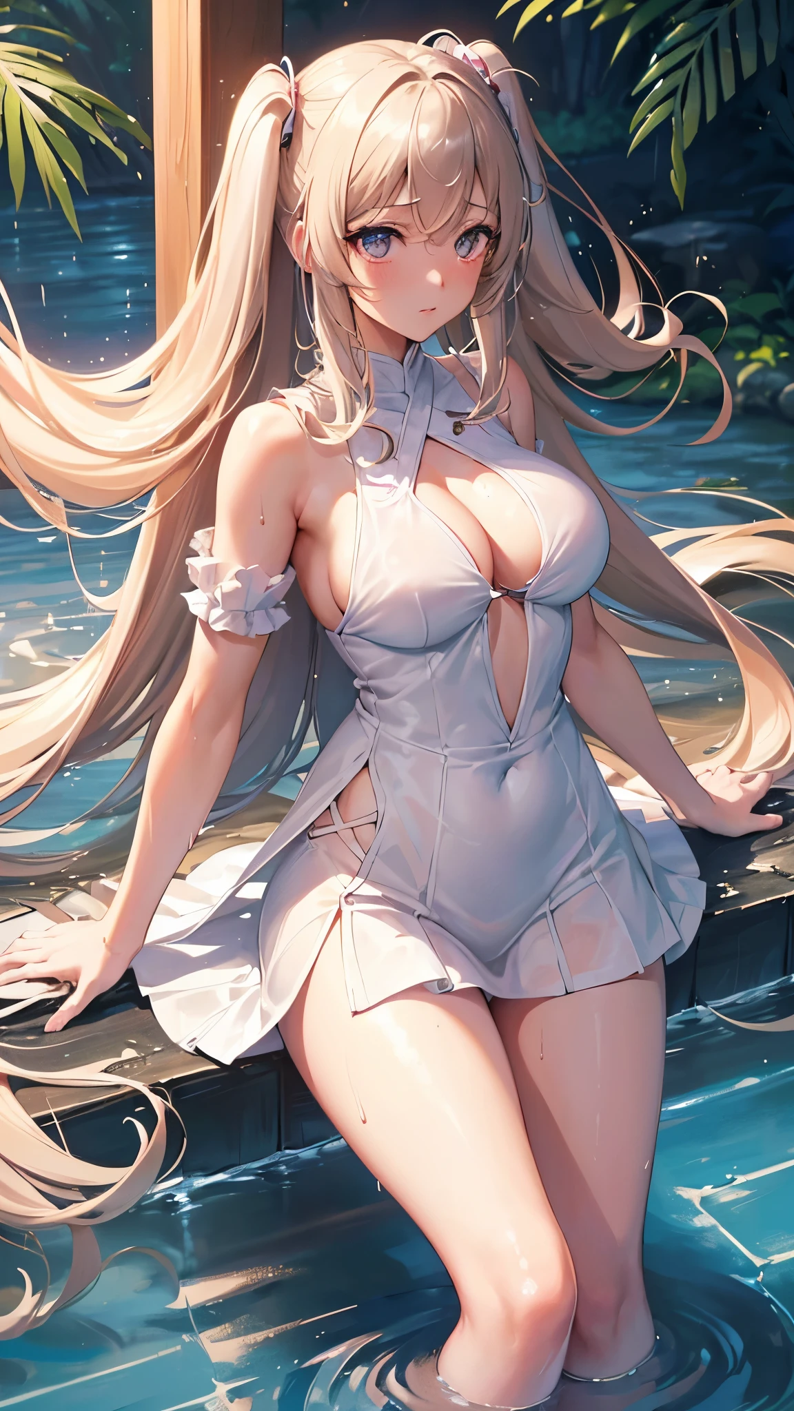((超high quality))、(((anime-style cute face))), (In the heavy rain、woman), (Wearing a wet white dress:1.3), (Underwear is cute), (White long skirt with a large slit),(Show your thighs well)、 (In 8K), (Put your arms behind your back:1.5), (Angle from the side:1.2), (Side bust), (Side view), (profile), Ultra-high resolution, Super detailed, High Contrast, Ultra Fine Strike, Creative refinement, Absurd, Realistic, Very detailed CG 統合 8k 壁紙, Very detailed, 20歳woman, (Brown skin:1.3), (Glowing Skin), (最high quality:1.4), Super Detail, high quality, masterpiece, Real, (Upper Body), (close), Delicate and beautiful pink twintails,Big Eyes, Shining Eyes, Hyper Detail, (Cute Breasts:1.5),, (Beautiful breasts:1.5), (Put your arms behind your back),Big thighs, Wet clothes, Wet body,Pink Eyes、The grounds of a sacred Japanese shrine