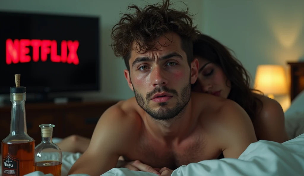 A shocking image of an exhausted young man, wrinkled, perspiring, wearing no shirt, is in desperation seeking success, looking straight ahead, expression frustrated by seeking success and not achieving it, in the background a television with the Netflix logo, bottle of whiskey around and a bed with a half-naked prostitute hugging him from behind, symbolizing the distractions that prevent you from achieving success, Cinematic realistic illustration.
