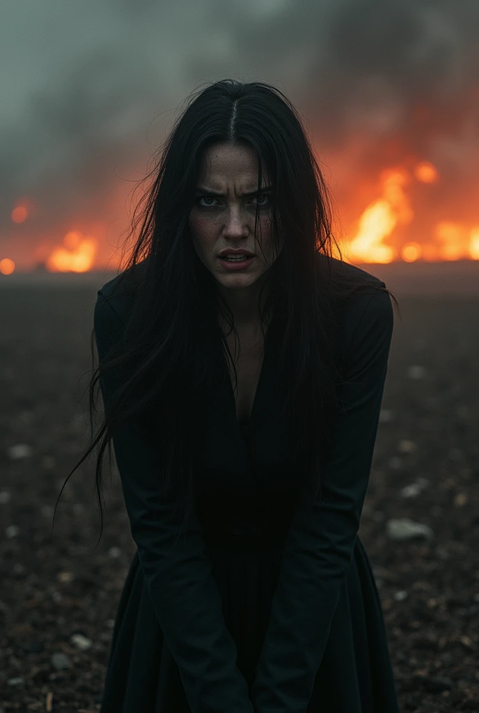 a scared dark haired woman in a dark open field, horror, with flames in the background (best quality,4k,8k,highres,masterpiece:1.2),ultra-detailed,(realistic,photorealistic,photo-realistic:1.37),HDR,UHD,studio lighting,ultra-fine painting,sharp focus,physically-based rendering,extreme detail description,professional,vivid colors,bokeh,dramatic lighting,chiaroscuro,dark shadows,dramatic atmosphere,clutter,cobwebs,dark wood furniture,dramatic pose,terrified expression,wide eyes,trembling hands,cowering,gothic,dark fantasy,moody