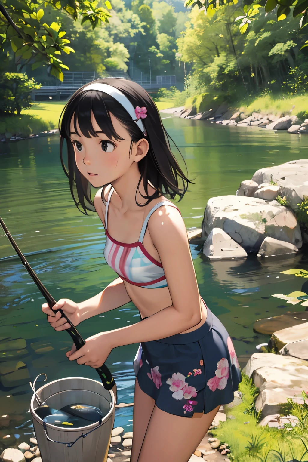 masterpiece, Highest quality,plural, Three Girls, In a beautiful river、fishing、(Holding a fishing rod:1.4)、Fishing with a net、(Holding a bucket)、Water Play、Sandals, Black Hair, short hair、Long Hair, Hair ties, hair band, hair ornaments, Swimwear、Shorts, skirt、dappled daylight、Outdoor, nature, rock, Grassland、