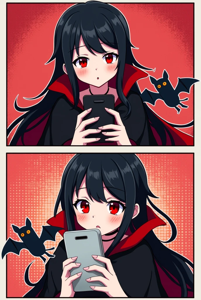 (masterpiece, Best Quality:1.2)\, comic, 2 panels, (2 panels cómicos, stipple halftone, flat color)\, 1 black haired girl, Red eyes, vampire girl, with red cape, bat as a pet, scrolling through the smartphone smartphone\, (saying "What is ??" with a curious face, saying "Oh..." with a blushing face)