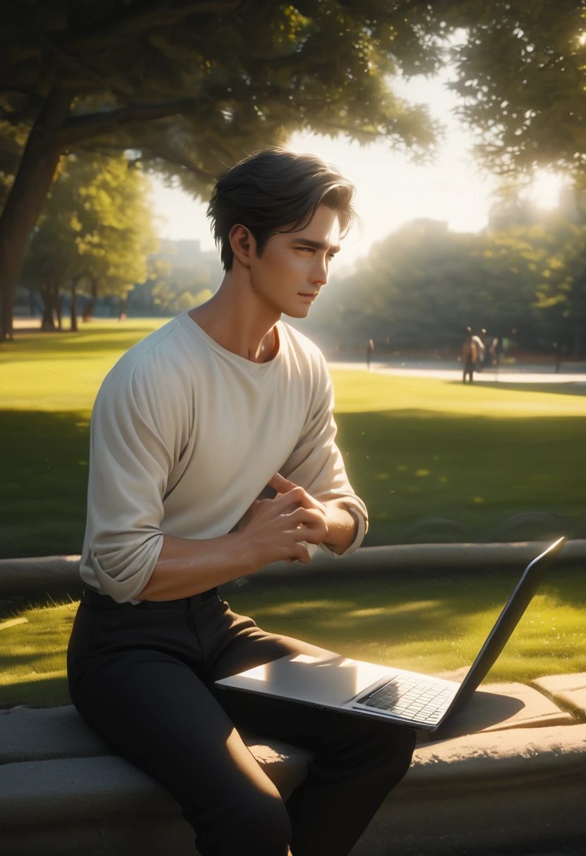a handsome young man with lush wavy short hair and a beautiful korean face, wearing a white shirt and black pants, holding a laptop in a beautiful clean park, cinematic lighting, highly detailed, 8k, photorealistic, professional photography, sharp focus, vibrant colors, natural lighting, warm tones, serene atmosphere