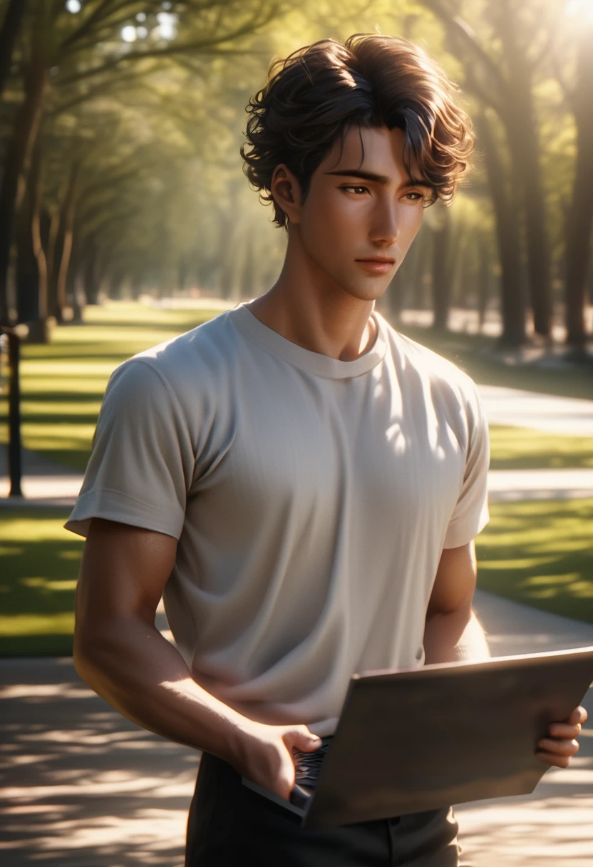 a handsome young man with lush wavy short hair and a beautiful korean face, wearing a white shirt and black pants, holding a laptop in a beautiful clean park, cinematic lighting, highly detailed, 8k, photorealistic, professional photography, sharp focus, vibrant colors, natural lighting, warm tones, serene atmosphere