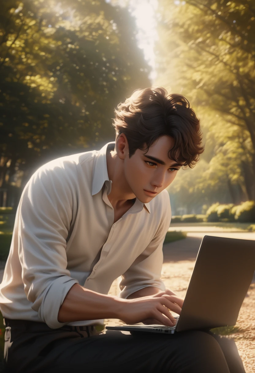a handsome young man with lush wavy short hair and a beautiful korean face, wearing a white shirt and black pants, holding a laptop in a beautiful clean park, cinematic lighting, highly detailed, 8k, photorealistic, professional photography, sharp focus, vibrant colors, natural lighting, warm tones, serene atmosphere