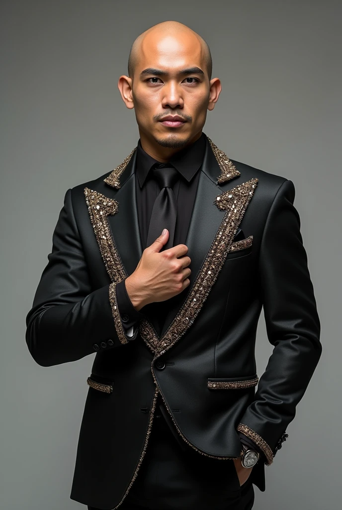 make a display of full body picture of a bald masculine Filipino men. He is sophisticated and superb with an exaggerated and thick make up for pageant