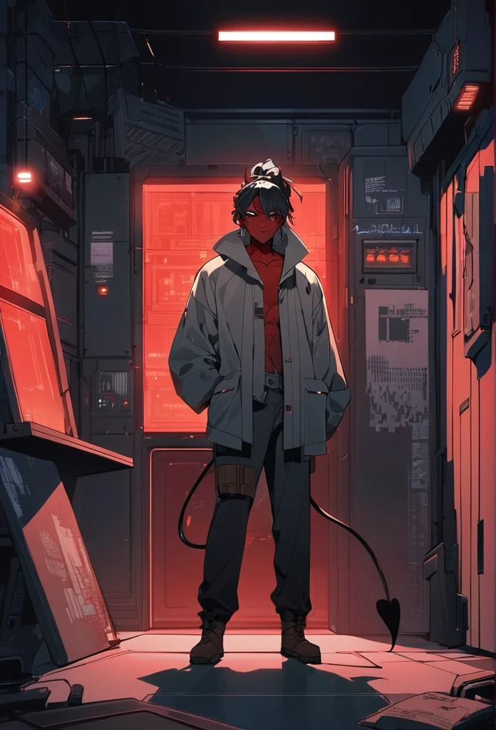 (detailed), (((normal guy))), (Arabic characteristics), ((gray wool jacket)), ((black fur rizado Ponytail hairstyle)), ((Ponytail hairstyle)), (calm face), ((by the width)), ((Brown boots)), (((whole body))), ((In a cyberpunk room)), ((male)), (gray turtleneck sweater), ((only one person)), (at night), terror, ((Bright red eyes)), In the dark, ((black fur)), ((((red skin color)))), ((((demon tail))))
