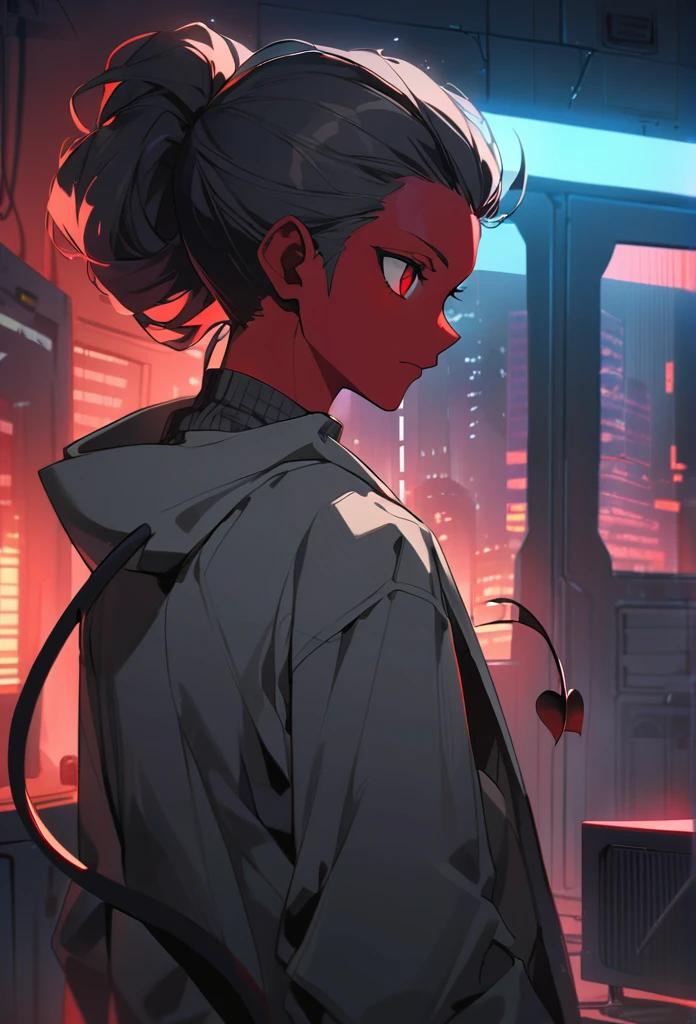 (detailed), (((normal guy))), (Arabic characteristics), ((gray wool jacket)), ((black fur rizado Ponytail hairstyle)), ((Ponytail hairstyle)), (calm face), ((by the width)), ((Brown boots)), (((whole body))), ((In a cyberpunk room)), ((male)), (gray turtleneck sweater), ((only one person)), (at night), terror, ((Bright red eyes)), In the dark, ((black fur)), ((((red skin color)))), ((((demon tail))))