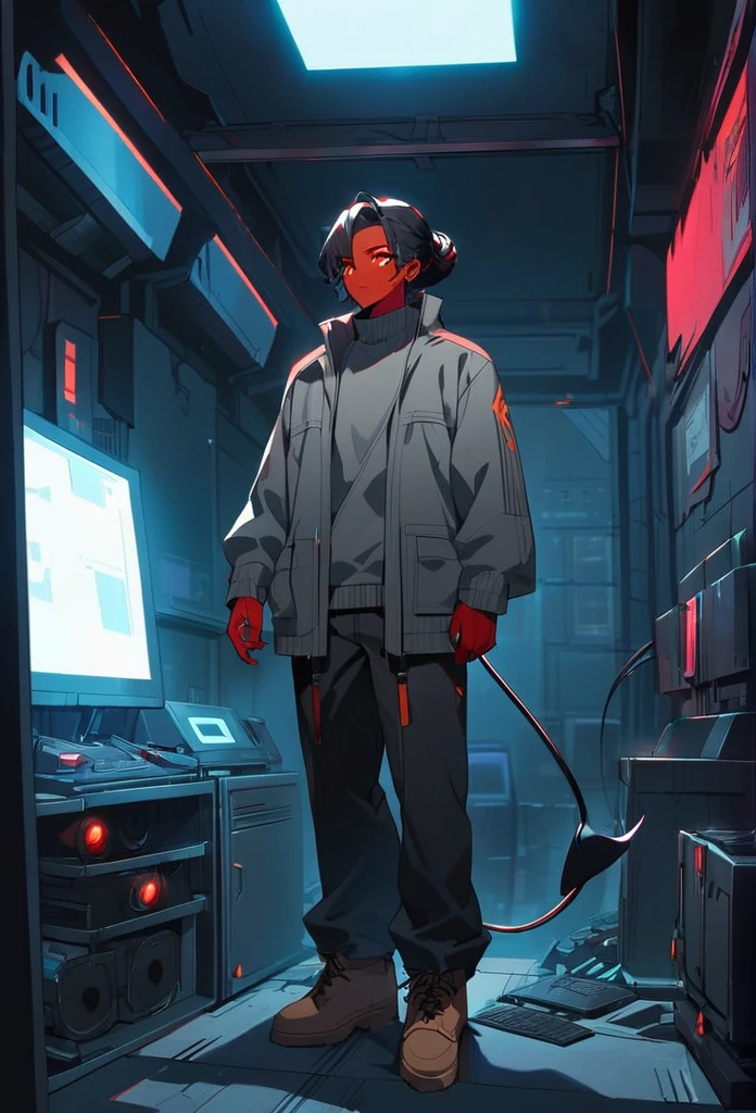 (detailed), (((normal guy))), (Arabic characteristics), ((gray wool jacket)), ((black fur rizado Ponytail hairstyle)), ((Ponytail hairstyle)), (calm face), ((by the width)), ((Brown boots)), (((whole body))), ((In a cyberpunk room)), ((male)), (gray turtleneck sweater), ((only one person)), (at night), terror, ((Bright red eyes)), In the dark, ((black fur)), ((((red skin color)))), ((((demon tail))))