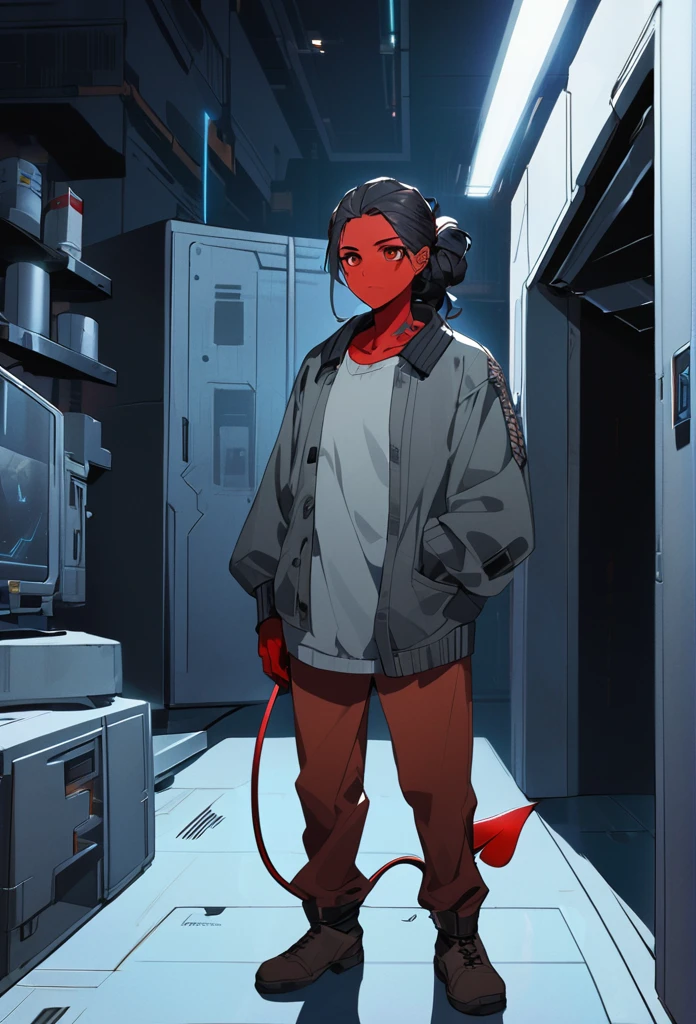 (detailed), (((normal guy))), (Arabic characteristics), ((gray wool jacket)), ((black fur rizado Ponytail hairstyle)), ((Ponytail hairstyle)), (calm face), ((by the width)), ((Brown boots)), (((whole body))), ((In a cyberpunk room)), ((male)), (gray turtleneck sweater), ((only one person)), (at night), terror, ((Bright red eyes)), In the dark, ((black fur)), ((((red skin color)))), ((((demon tail))))
