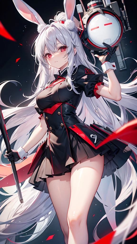(masterpiece), best quality, expressive eyes, perfect eye, perfect face, detailed eye, smiling face, lips, stare, full body, big breast, thigh thick, prinz heinrich, absurdly long hair, hair between eyes, hair ribbon, mole, mole under eye, (red eyes:1.5), ribbon, white hair, black necktie, crop top, detached sleeves, high-waist skirt, necktie, pleated skirt, ribbed shirt, shirt, skirt, underboob