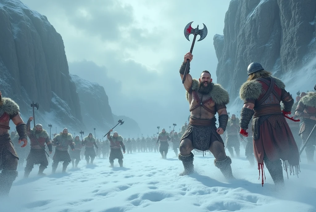 viking axe in hand blood on axe arms up in joy