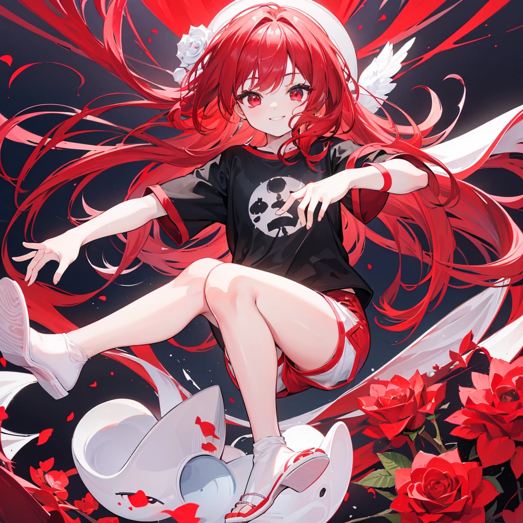 ((8k resolution)) ((ultra HD)) { (9 yearsirl, red hair adorned with a rose, red eyes, black t-shirt, white tights, smile, cute, shorts