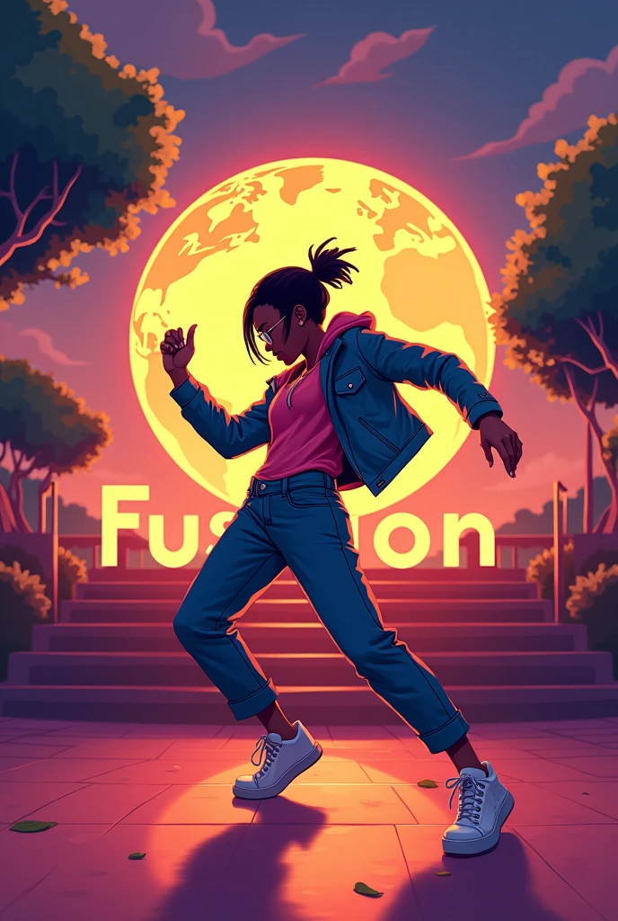 a dancers dance hiphop with a globe and tres and a name "FUSION" at the back. a cartoon style