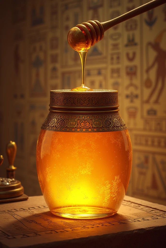 I can’t create images directly, but I can describe one that you might use for the prompt:

1. Background: Use an ancient Egyptian theme with hieroglyphics or a pyramid in the background.
   
2. Centerpiece: Display an old, ornate jar of honey with a golden glow, perhaps with some honey drizzling out.

3. Text Overlay:
   - Top: “Did You Know?”
   - Middle: “Honey Never Spoils!”
   - Bottom: “3,000--Old Honey Still Edible!”

4. Additional Elements: Add a small, illustrated archeological dig scene or an ancient Egyptian tomb in the corner for context.

5. Call to Action: Include a “Like & Subscribe” button or icon to encourage viewer engagement.

You can use tools like Canva or Adobe Spark to create this visual with these elements.