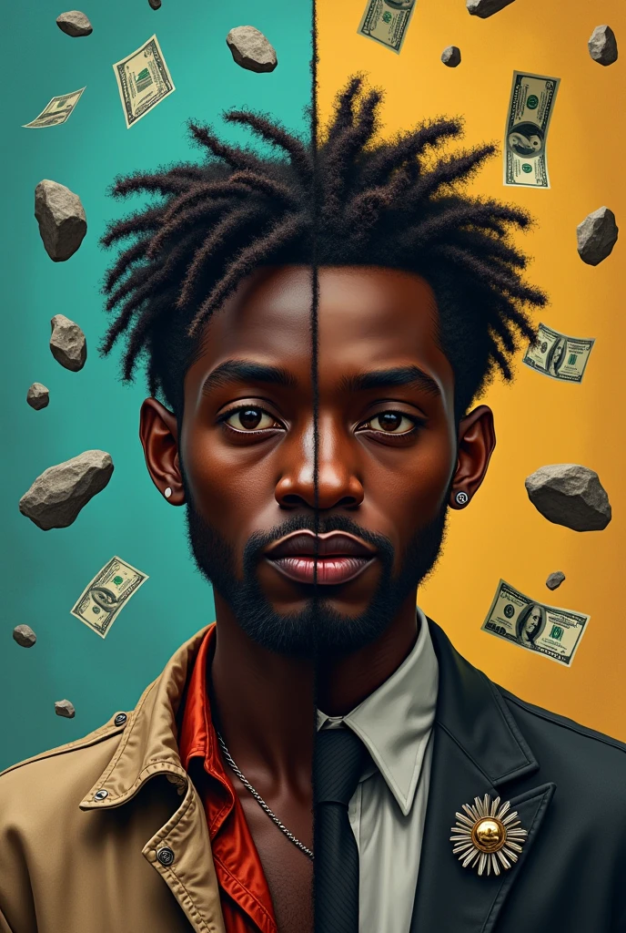 Divide an image with a vertical line that is located in the center of the image, On the left side put a black person with poor clothing and a torn shirt, suffering from economic situations makes stones fall on the left side . And on the right side put a black person with elegant and high-class clothing enjoying his riches and money where on the right side money falls (keep people focused, looking forward)
