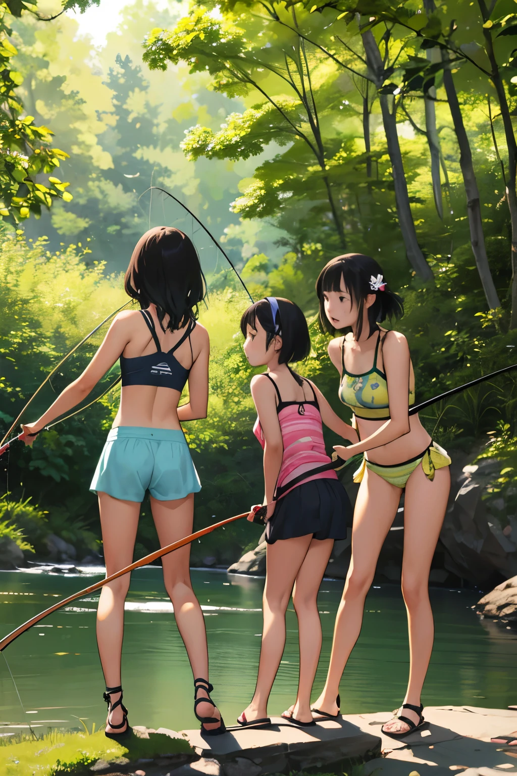 masterpiece, Highest quality,plural, Three Girls, In a beautiful river、fishing、(Holding a fishing rod:1.4)、Fishing with a net、(Holding a bucket)、Water Play、Sandals, Black Hair, short hair、Long Hair, Hair ties, hair band, hair ornaments, Swimwear、Shorts, skirt、dappled daylight、Outdoor, nature, rock, Grassland、