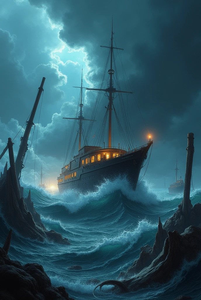 Storm big waves almost sink the ship, there are wrecks of other ships nearby , a modern ship sails on the waves to the lighthouse, his windows are lit with a yellow light and in the distance a candle shows him the way like a lighthouse