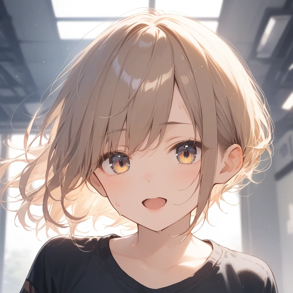 ((Masterpiece)), ((best quality)), (Anime:1.3), (super detail:1.2), (High Definition:1.3), (Professional Photography:1.4), (sharp focus), (perfect light), ((12 years old)), 1girl, portrait shot, from front, ((Plain black T-shirt)), cute teenage girl, super cute face, pale brown hair, messy medium hair, (flat chest), Healthy skin, blush, smile, standing on white background, place hands on hips, short pant, (Healthy slim body), (((shirts lift))),