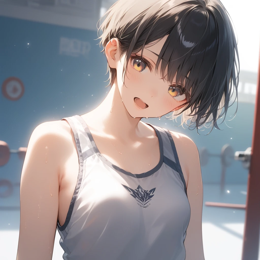 score_9, score_8_up, score_7_up, source_anime, best quality, masterpiece, official art, absurdres, highres, ultra-detailed,waifu2x,Collection: Slice of Life,break,1girl, short hair, pixie cut, flipped hair, small breasts, beautiful (well-shaped) breasts,beautiful detailed eyes, sweat, gym shorts, (wavy mouth:0.3), open mouth, outdoors,  (Detailed Lighting), (Detailed background),break,(clear line illustration:1.2), super detailed skin,very high resolution, very aesthetic, Best sexual lighting powered by famous artist, 8k, 16k, cute picture,beauty illustration,photoshop_(medium),,(Detailed Lighting),best anime 8k konachan wallpaper, pixiv contest winner,