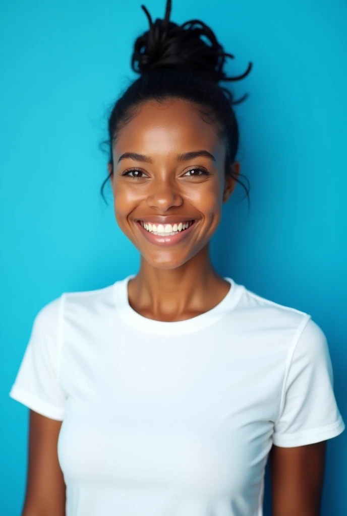 Horizontal image of cheerful and happy Brazilian woman with beautiful black hair and tied up in white t-shirt mockup isolated over blue background with copy space for your promotional content. Human emotions and feelings