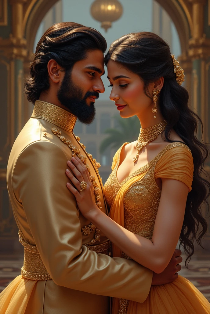 Create an image of an indian girl called Saranya very very beautiful in a golden expensive billion dollar dress putting handing saudi arabia crown prince mohamed bin salman...he's chubby, fat with beard but cutechest and looking in his eyes and puttinf her hand on his chest. He must saudi arabia official royal dress