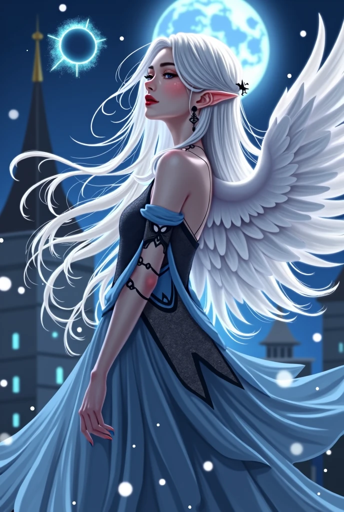 Russian、、Young、clear、Elegance、noble、Gray Hair、Silver Hair、Long Hair、Soft Hair、Blue Moon Night、city、noble、Light blue and black dress、Spreading Dresses、Anime Face、Big eyes、Bright Face、popular person、Magic Taoist、jump、The magic of light、A little dragon is flying、magic circle、Large white wings growing from his back