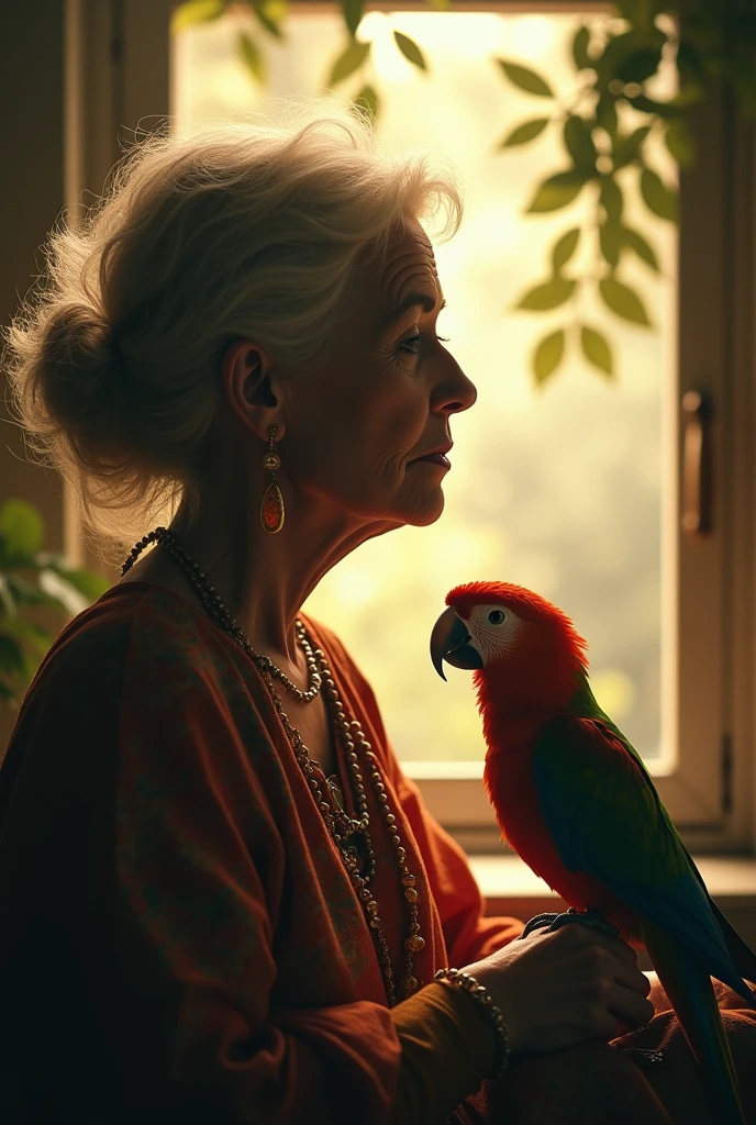 Profile silhouette of 67 year old senior woman hippy bohemian spending time with her parrot and chameleon