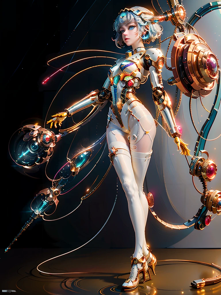 (masterpiece, top quality, best quality, official art, beautiful and aesthetic:1.2), (1girl), (fractal art:1.2),absurdres, highres, ultra detailed, Ultra-precise depiction, Ultra-detailed depiction, solo, (zentangle:1.2), floating hair, (skinny, thin body: 1.2), tanned skin, shiny skin, (abstract:1.2),cbpkv5, pantyhose,looking at viewer, full body, cyberpunk robot, complex robot, halo, by mooncryptowow