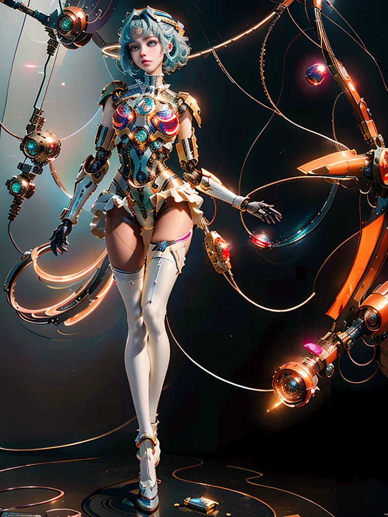 (masterpiece, top quality, best quality, official art, beautiful and aesthetic:1.2), (1girl), (fractal art:1.2),absurdres, highres, ultra detailed, Ultra-precise depiction, Ultra-detailed depiction, solo, (zentangle:1.2), floating hair, (skinny, thin body: 1.2), tanned skin, shiny skin, (abstract:1.2),cbpkv5, pantyhose,looking at viewer, full body, cyberpunk robot, complex robot, halo, by mooncryptowow
