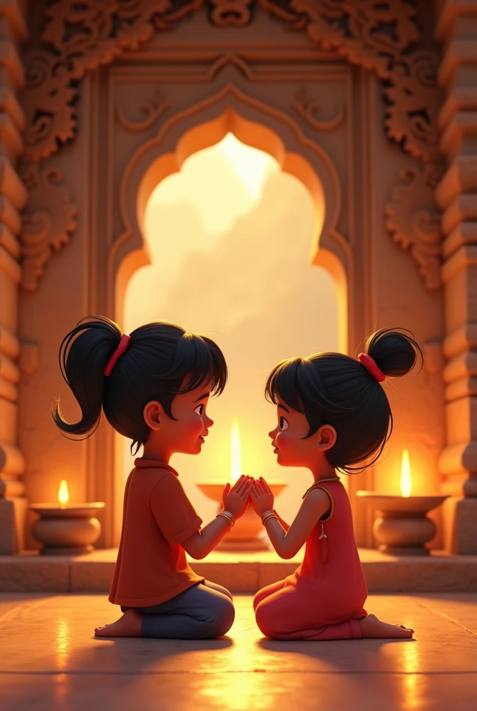 In cenamatic 3d cartoon style "Muskan and Aryan in a small village temple, offering prayers together. The serene ambiance of the temple, with oil lamps and incense, creates a sacred and intimate atmosphere.