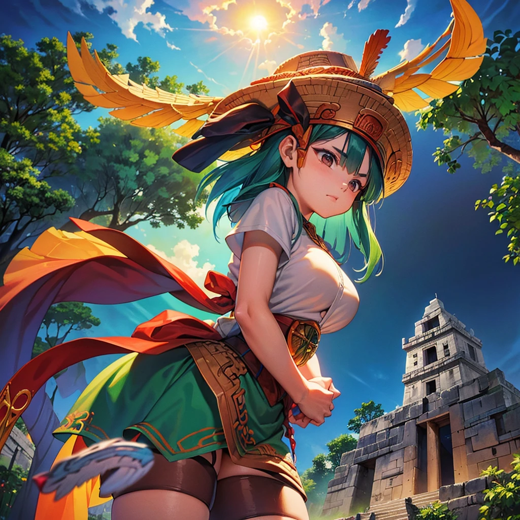 high quality、Very detailed、8age、Mayan Aztec8ageの1Priestess of the People、Flying Feathered Serpent(Quetzalcoatl Kukulkan)look up at the sky and pray、Chichen Itza Forest Temple of the Sun、mysterious、