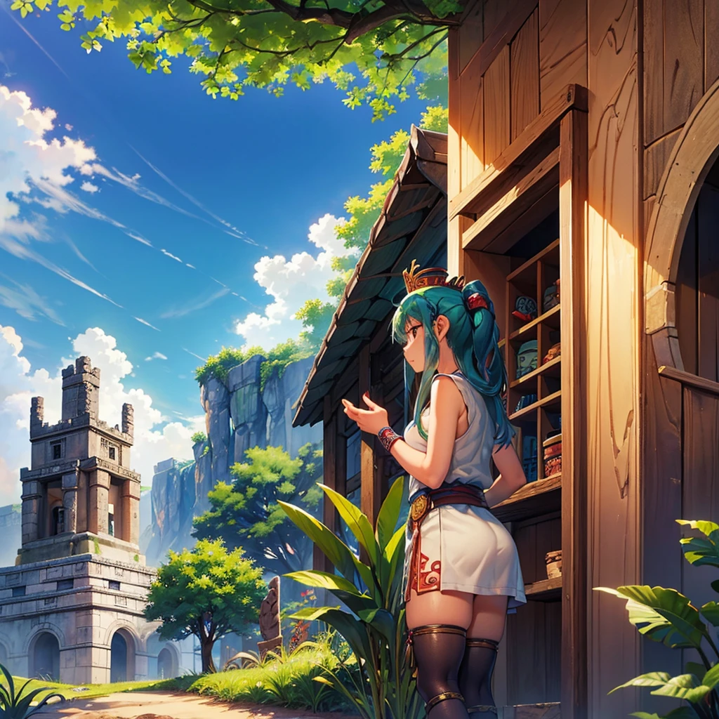 high quality、Very detailed、8age、Mayan Aztec8ageの1Priestess of the People、Flying Feathered Serpent(Quetzalcoatl Kukulkan)look up at the sky and pray、Chichen Itza Forest Temple of the Sun、mysterious、