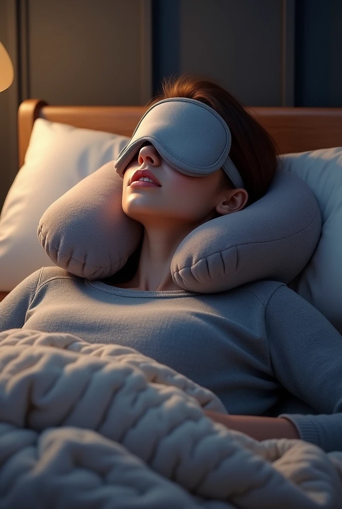 Person with hooded neck pillow and sleep mask