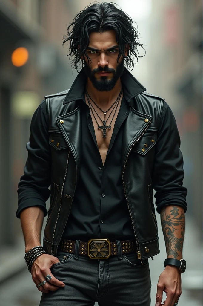 Hades has those teenage beards, Has black hair, brown eyes almost green, wears a leather vest with a black blouse underneath. His accessories are a cross around his neck and he has a lighter in his pocket.. He wears dark gray jeans and two rings on some of his fingers., wears a dark gray studded belt