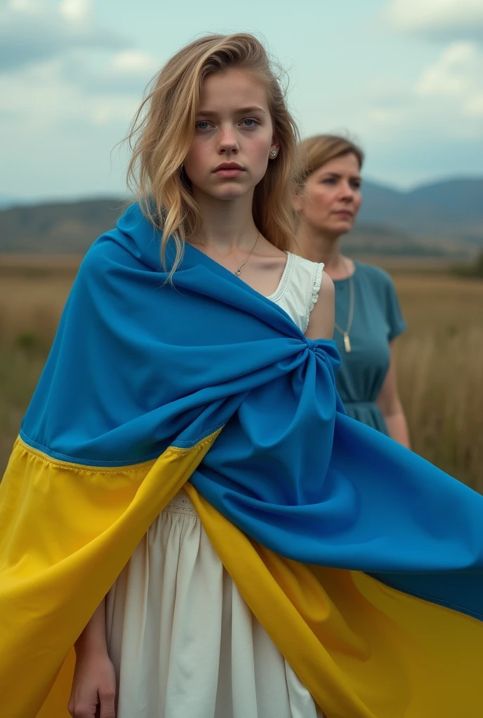 Young woman, wrapped in the Ukrainian flag, mother stands against the backdrop of her homeland, blonde girl in white skirt, in the topic, detailed photo