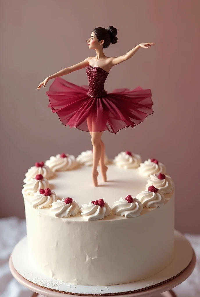 Create a real image of a cake with white whipped cream frosting, and in the decoration a ballerina on top in wine color