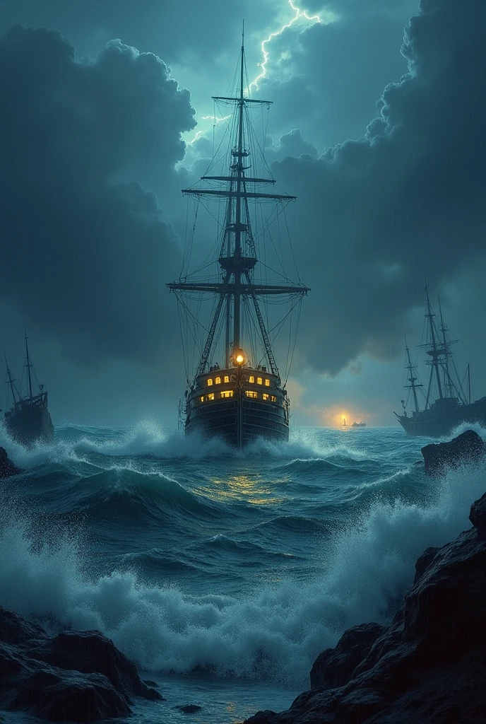 Storm big waves almost sink the ship, there are wrecks of other ships nearby , a modern ship sails on the waves to the lighthouse, his windows are lit with a yellow light and in the distance a candle shows him the way like a lighthouse