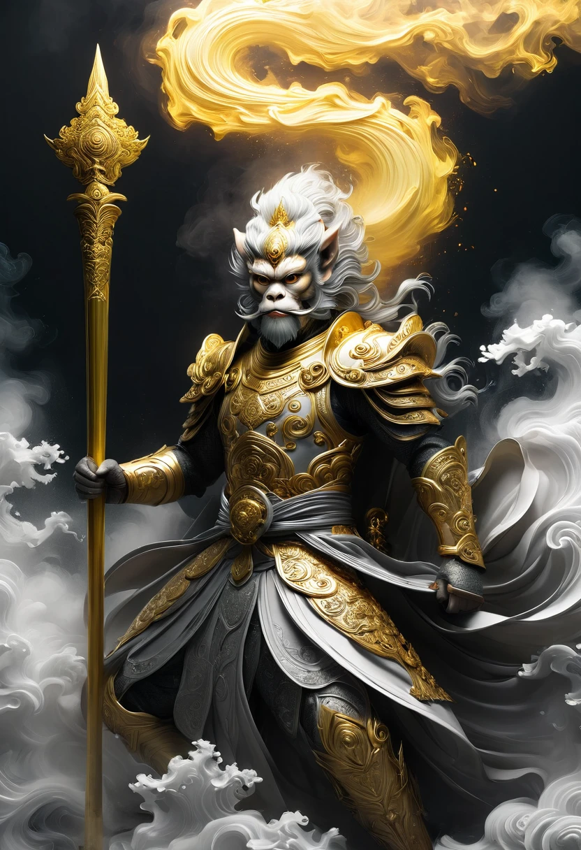 /I Sun Wukong, the Monkey King of Chinese mythology, is depicted wearing ornate armor and wielding his golden staff, Minimalist black and white ink painting, vector art style,Golden Hoop Rod made of swirling smoke around him, isolated on a solid color background, inspired by the work of Kentaro Miura's manga, high-contrast shadows, dark fantasy, realistic textures, watercolor splashes, cinematic lighting, dramatic, dark black and grey colors, visible paper texture. --ar 67:120 --stylize 50 --v 6.1
