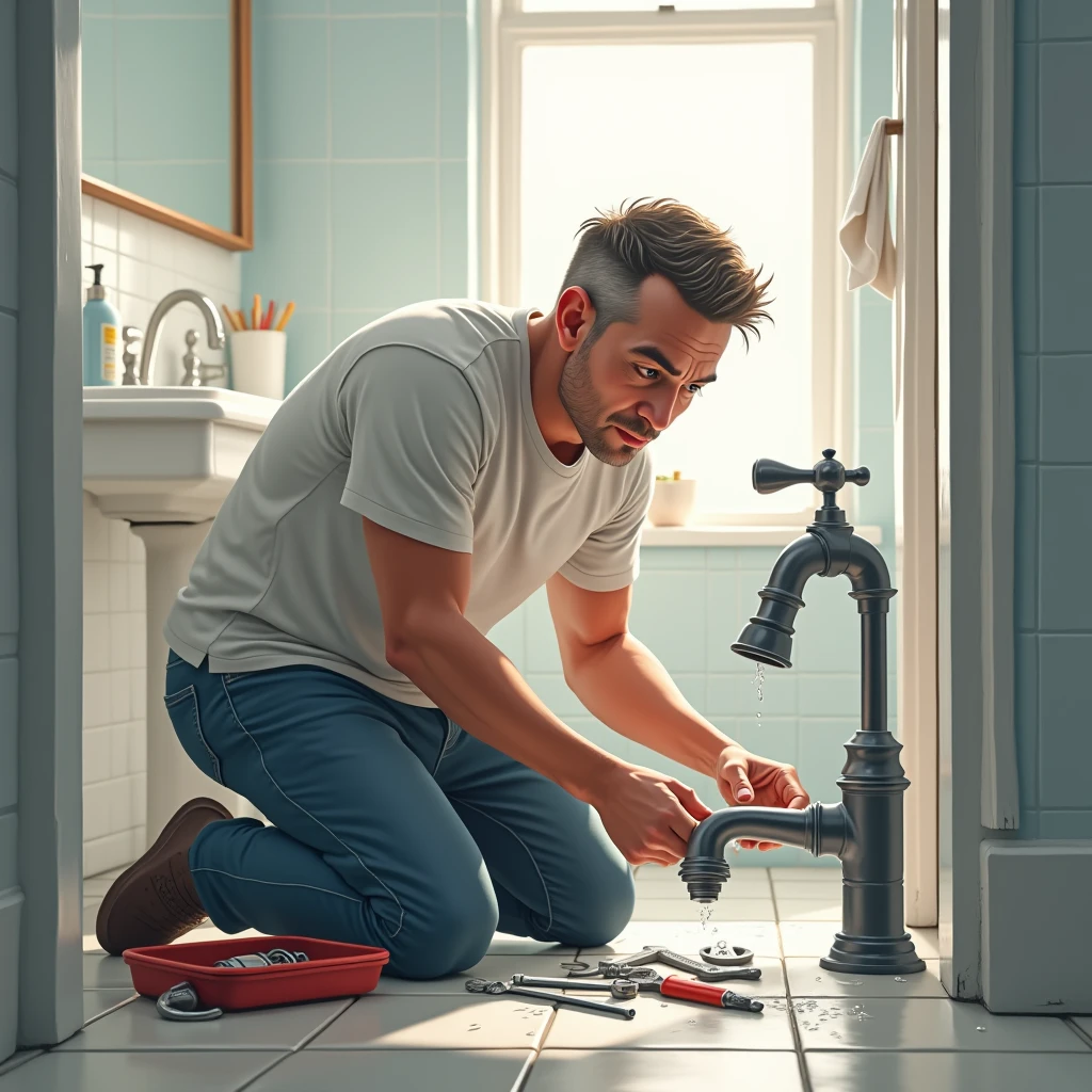 a man ,fixing faucet,in bathroom