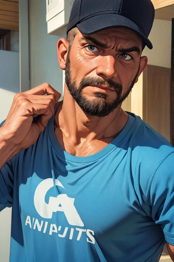 50 year old man, sports t-shirt, cap, face with wrinkles, handsome, short beard, SERIOUS LOOK, front view, Raised