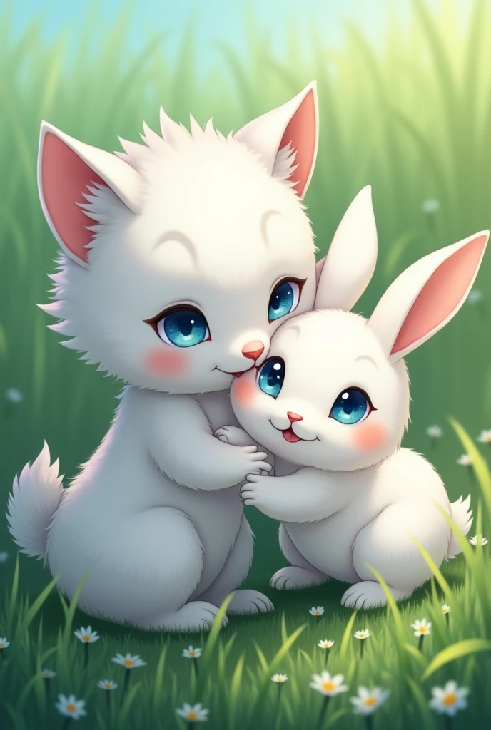 A white cat with blue eyes playing with a cute white rabbit with blue eyes, on a green grass